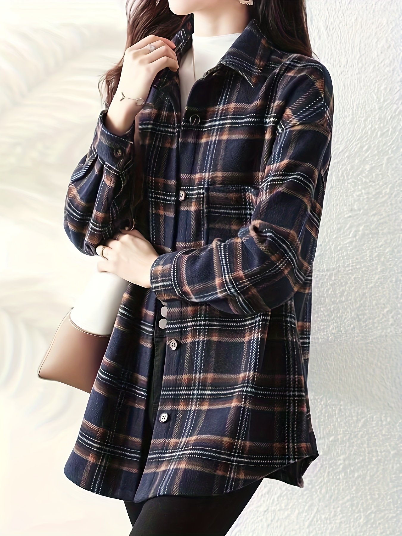 plaid print button front shirt, plaid print button front shirt elegant long sleeve lapel shirt womens clothing details 8