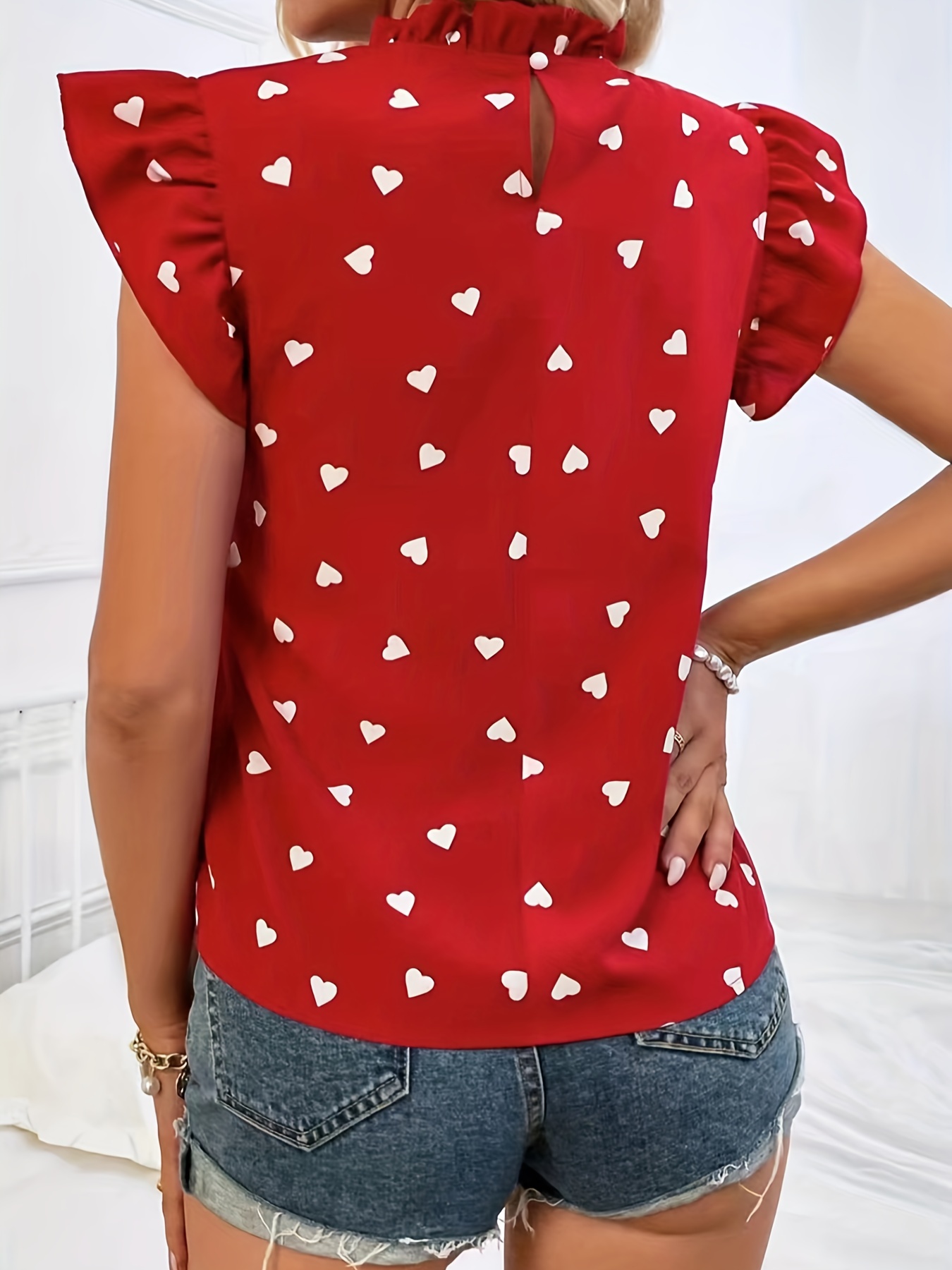 heart print ruffle trim blouse casual pleated crew neck blouse for spring summer womens clothing details 5