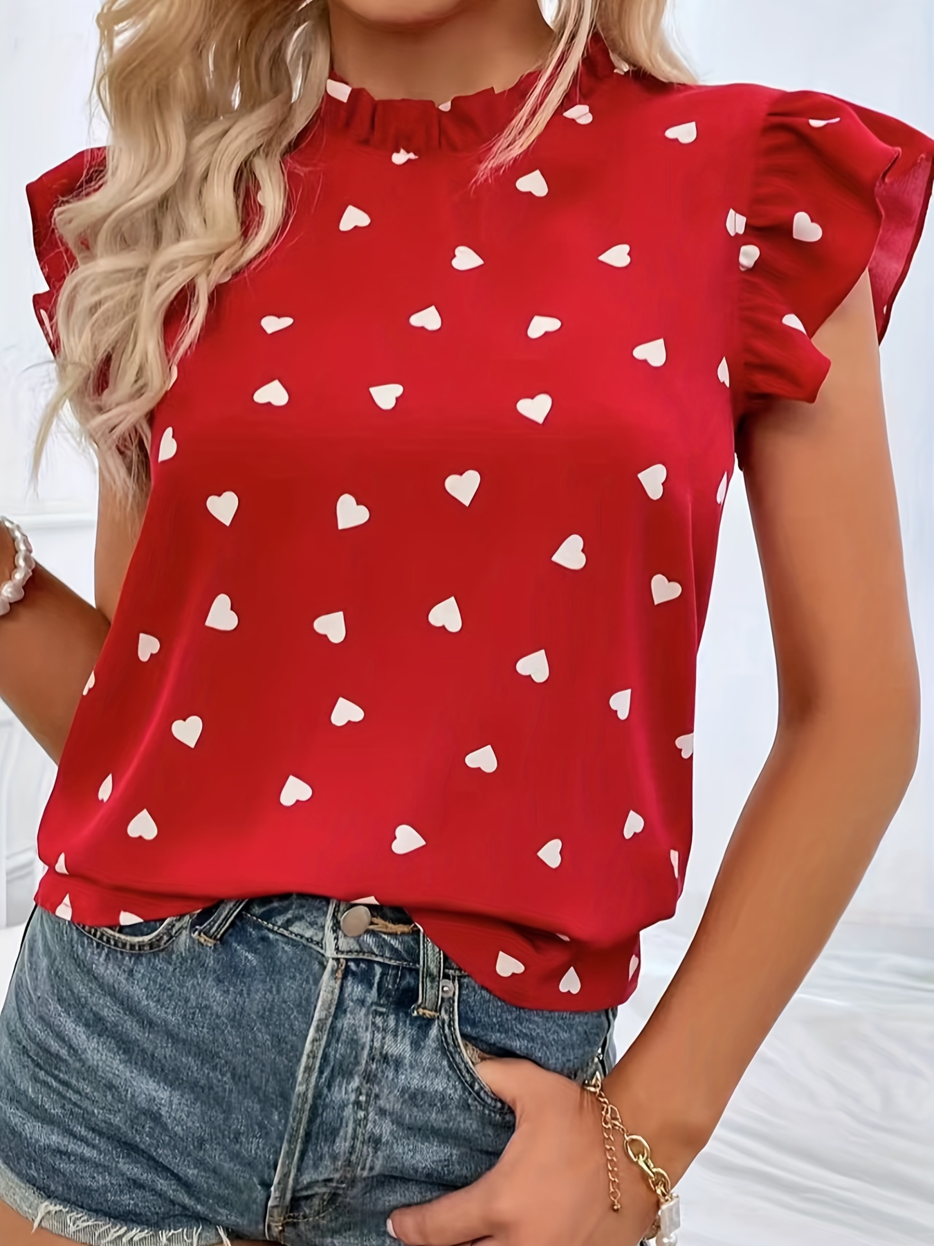 heart print ruffle trim blouse casual pleated crew neck blouse for spring summer womens clothing details 6