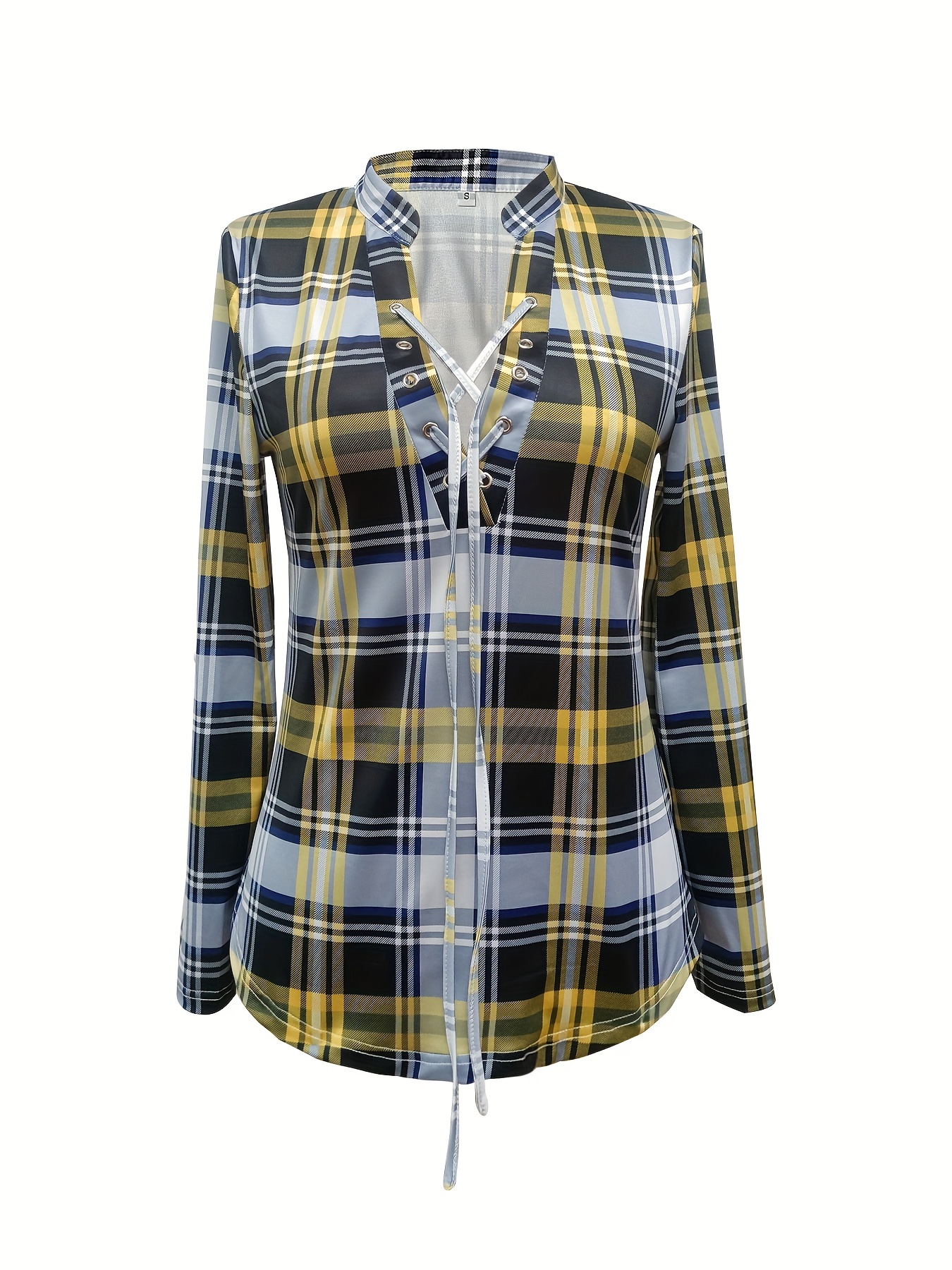 plaid print tie front blouse casual long sleeve blouse for spring fall womens clothing details 5