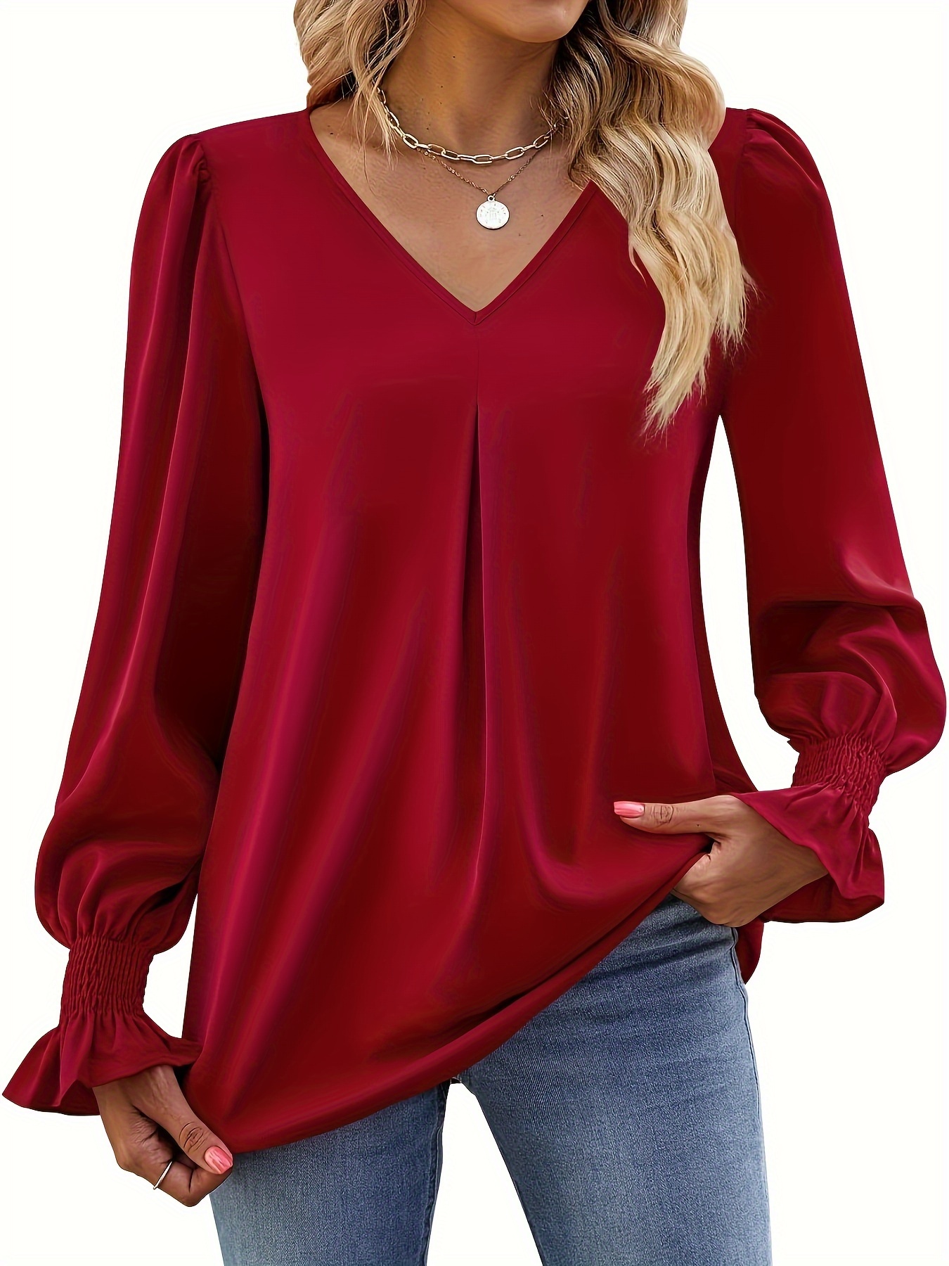 solid v neck simple blouse elegant long sleeve ruched blouse womens clothing details 1