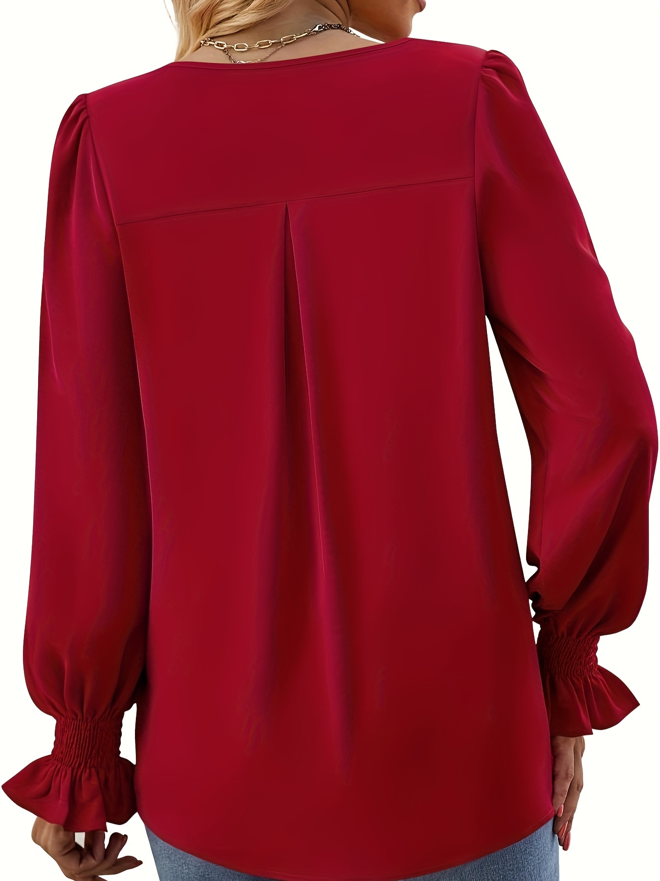 solid v neck simple blouse elegant long sleeve ruched blouse womens clothing details 3