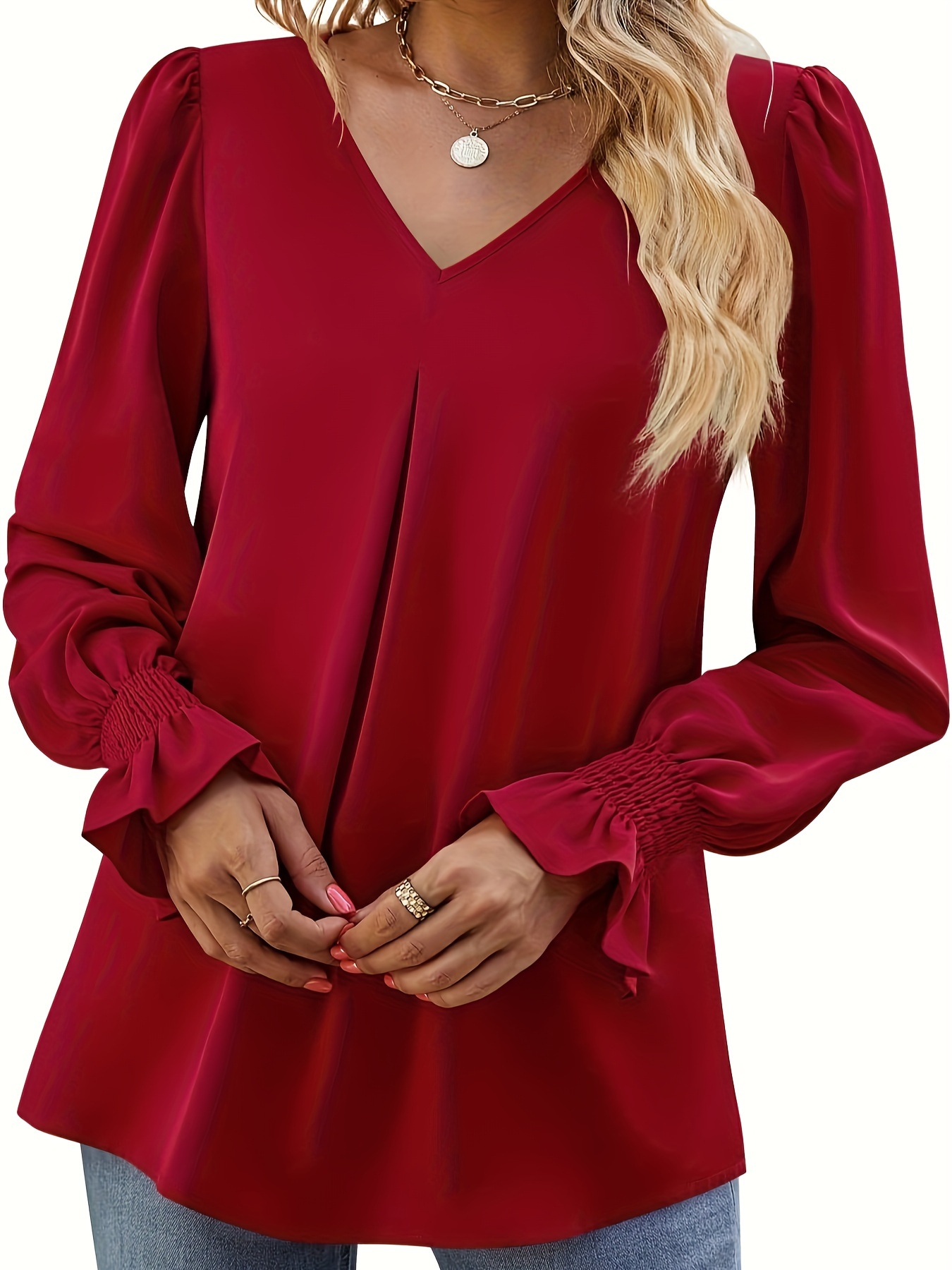 solid v neck simple blouse elegant long sleeve ruched blouse womens clothing details 4