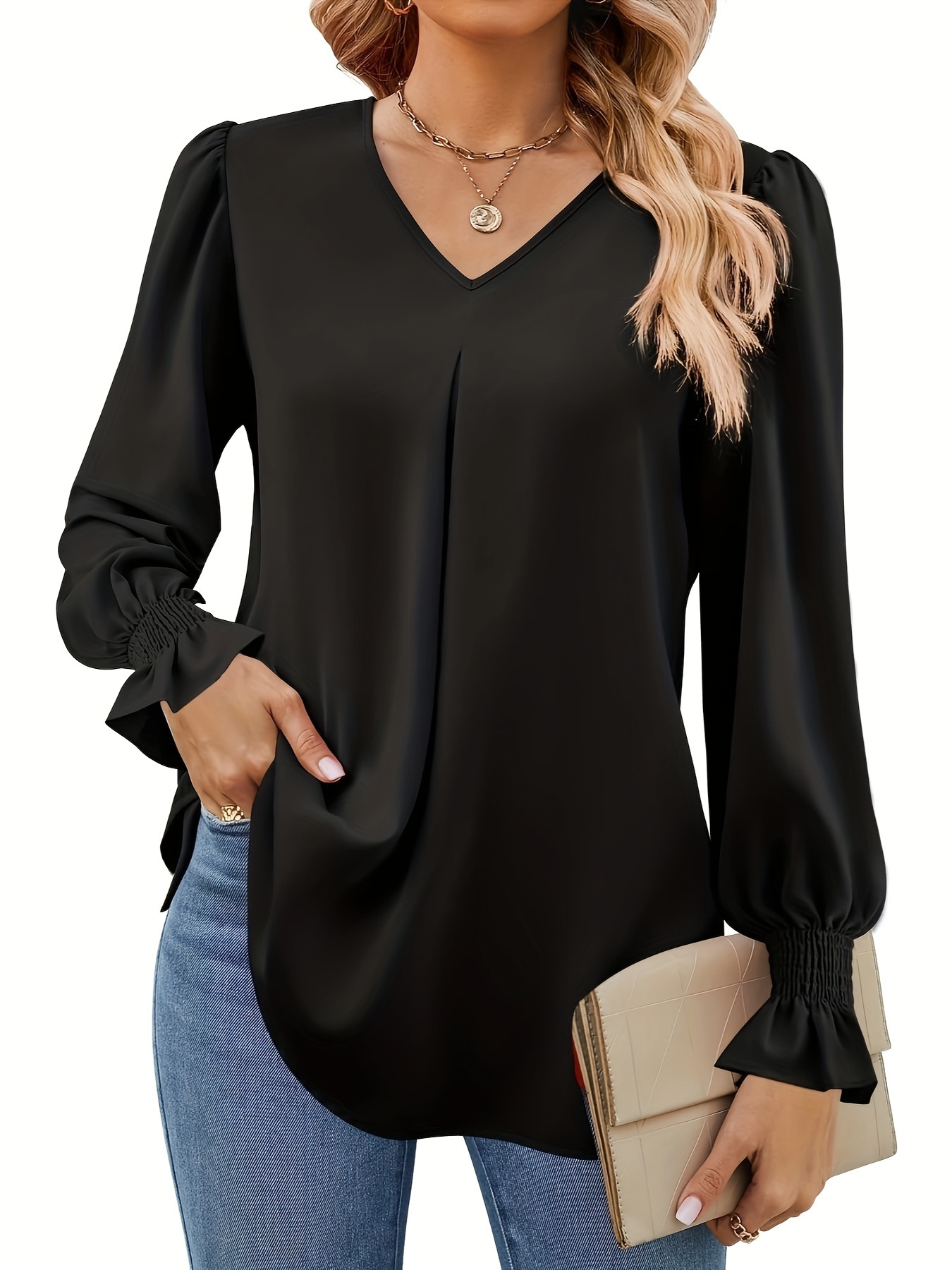 solid v neck simple blouse elegant long sleeve ruched blouse womens clothing details 11