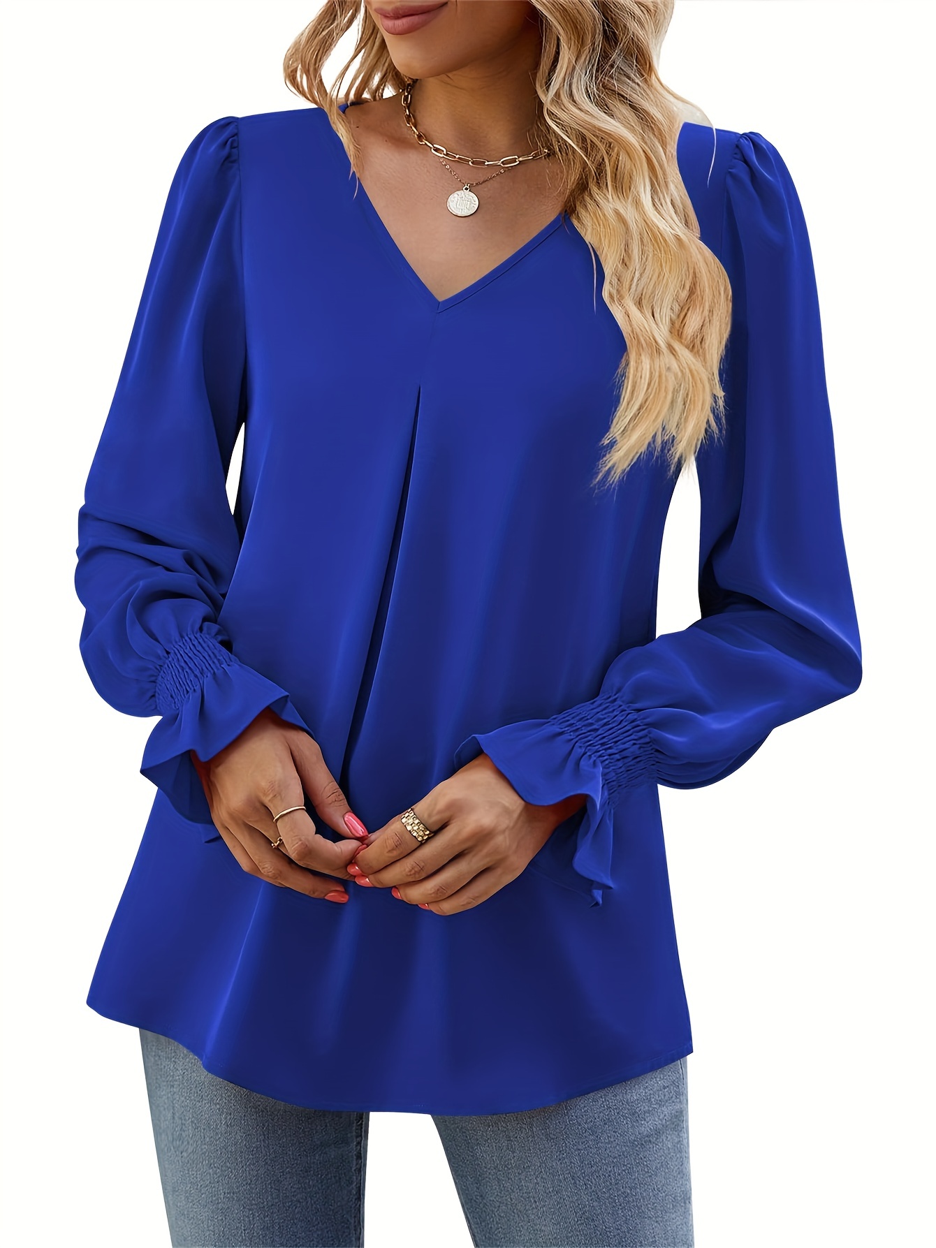 solid v neck simple blouse elegant long sleeve ruched blouse womens clothing details 19