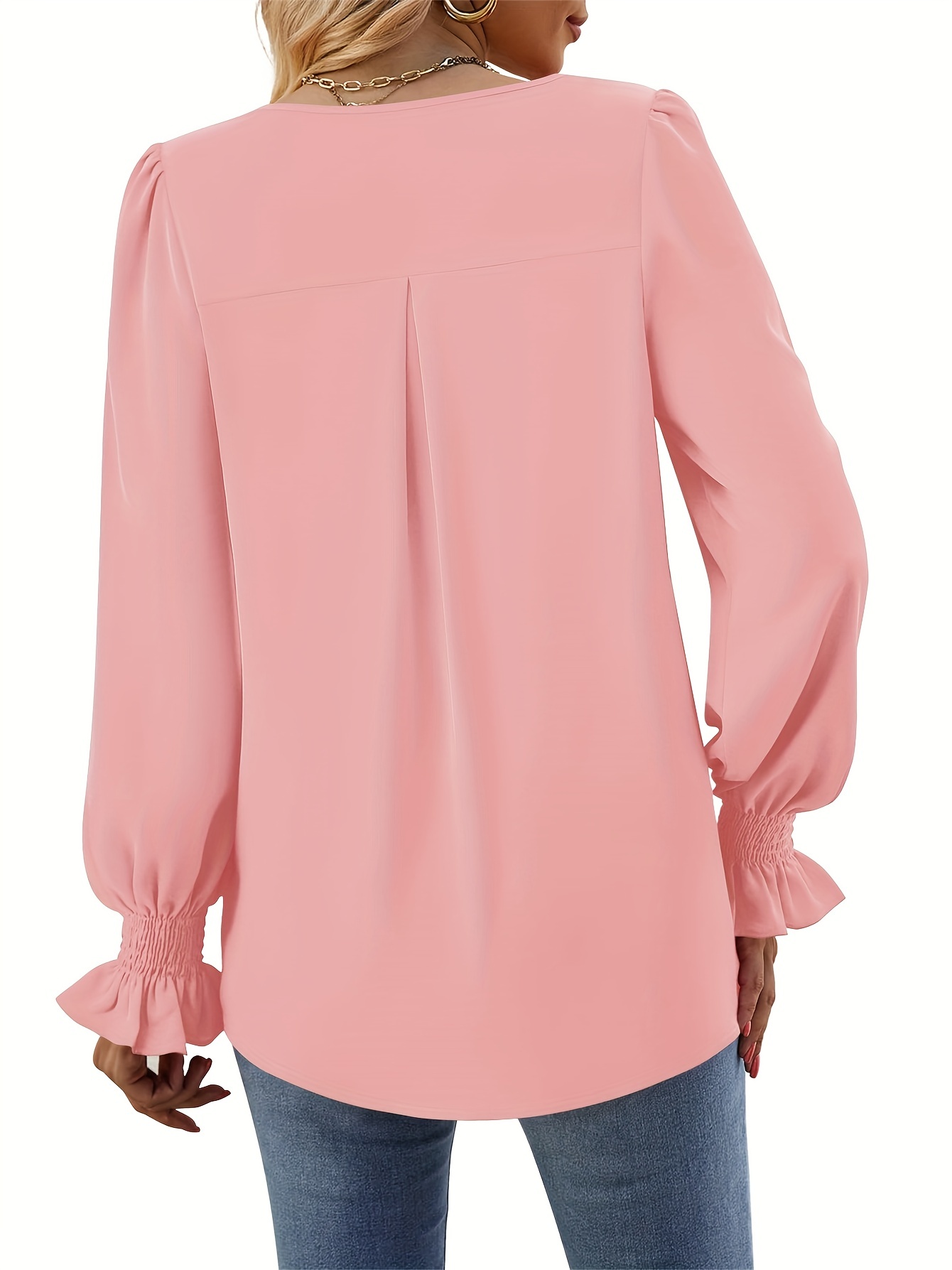 solid v neck simple blouse elegant long sleeve ruched blouse womens clothing details 23