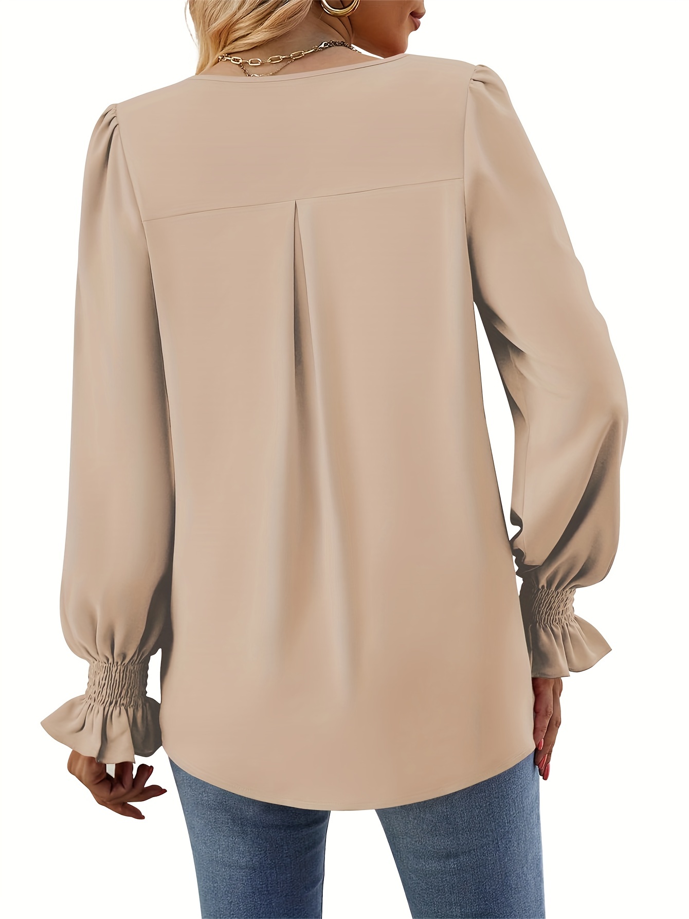 solid v neck simple blouse elegant long sleeve ruched blouse womens clothing details 28