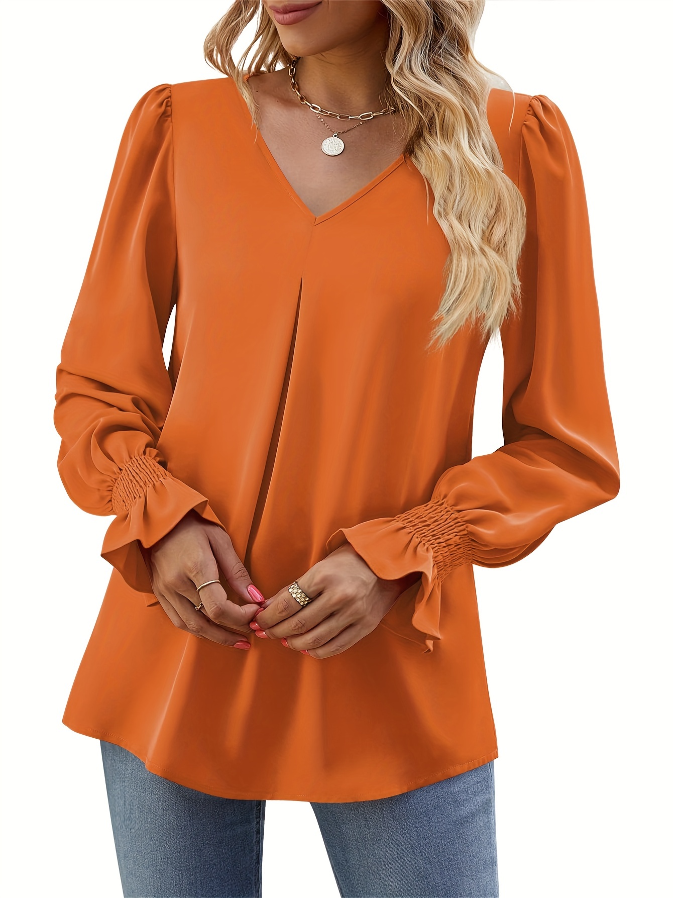 solid v neck simple blouse elegant long sleeve ruched blouse womens clothing details 34