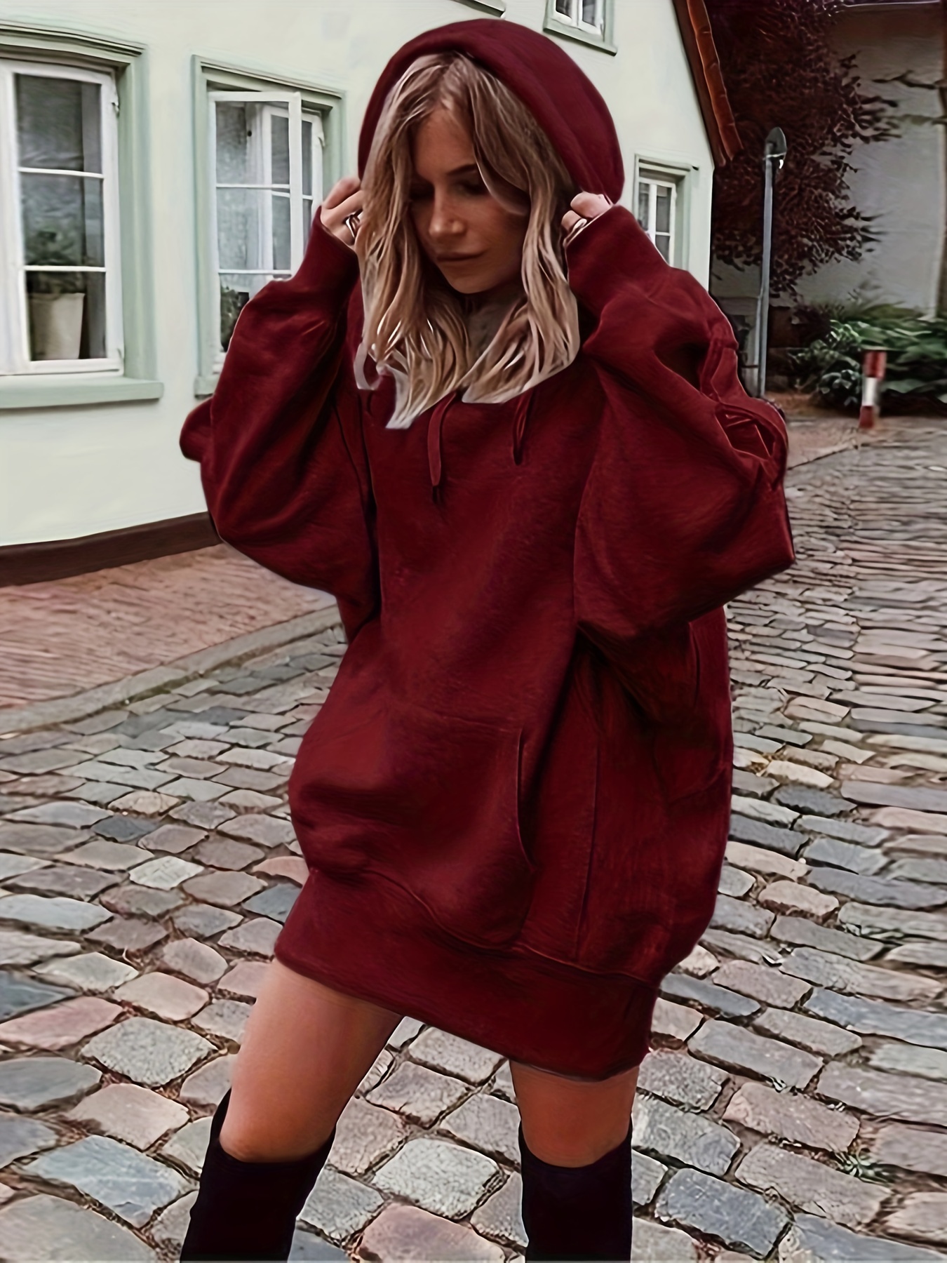 solid color kangaroo pocket hoodie casual long sleeve thigh length drawstring hoodie sweatshirt womens clothing details 0