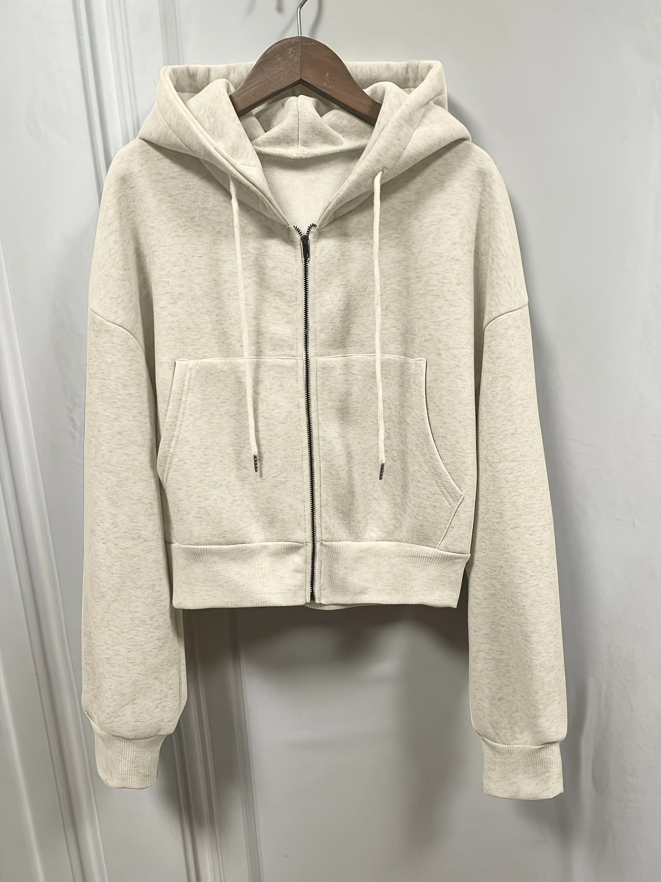 solid zip up drawstring hoodie casual long sleeve sweatshirt with pocket womens clothing details 0