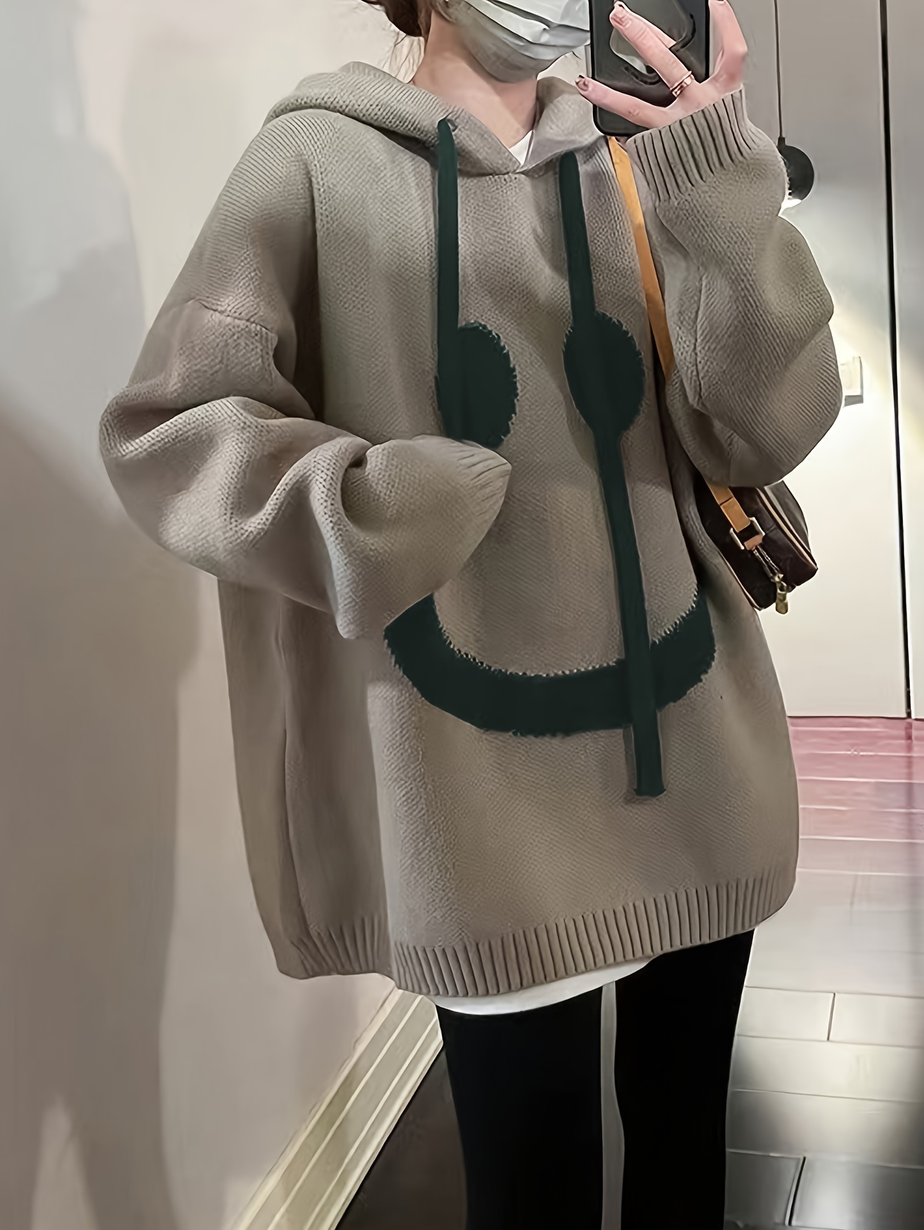 smile face print drawstring hoodie casual long sleeve drop shoulder top womens clothing details 3