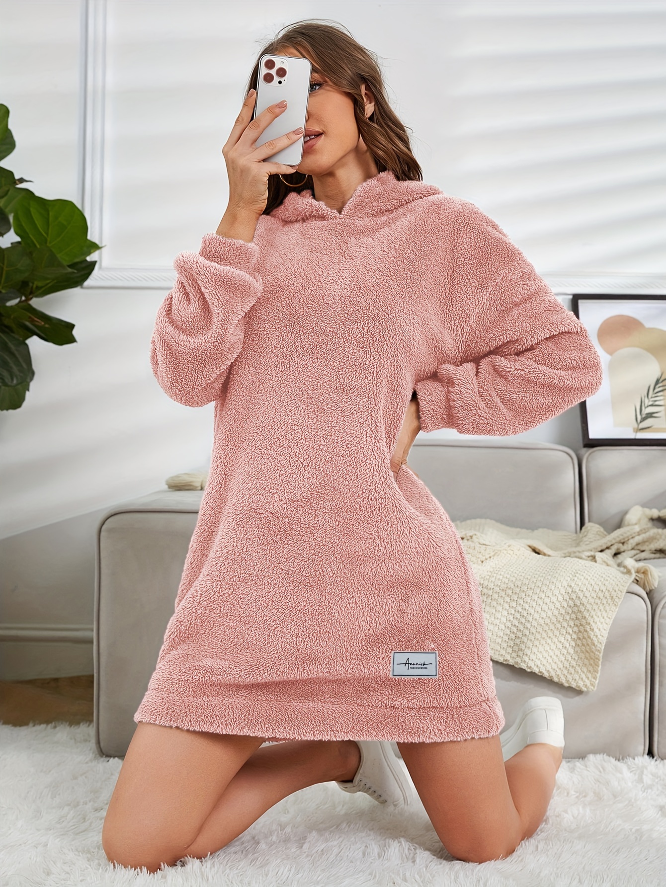 hooded teddy dress, hooded teddy dress casual long sleeve simple warm dress womens clothing details 10