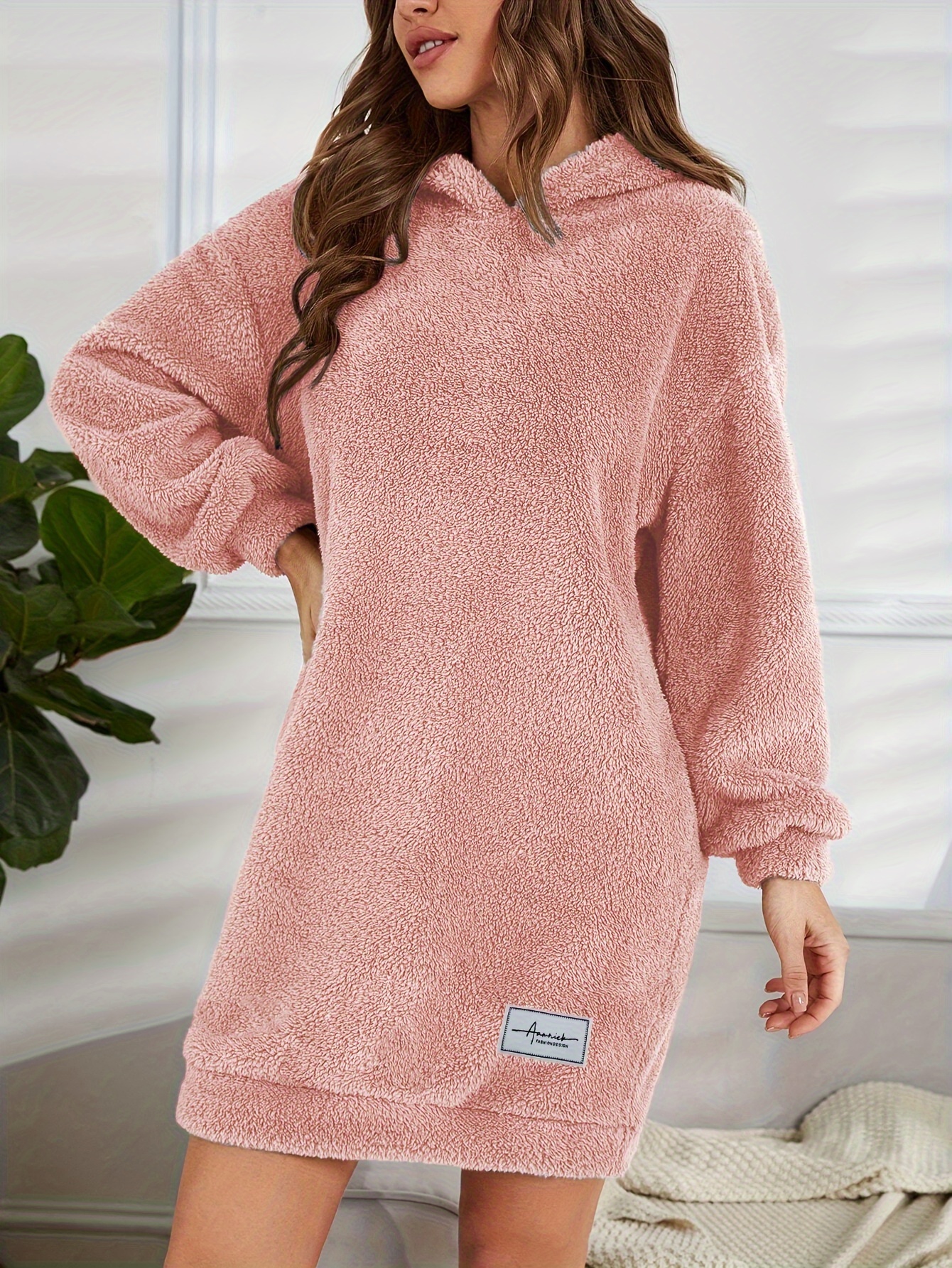 hooded teddy dress, hooded teddy dress casual long sleeve simple warm dress womens clothing details 13