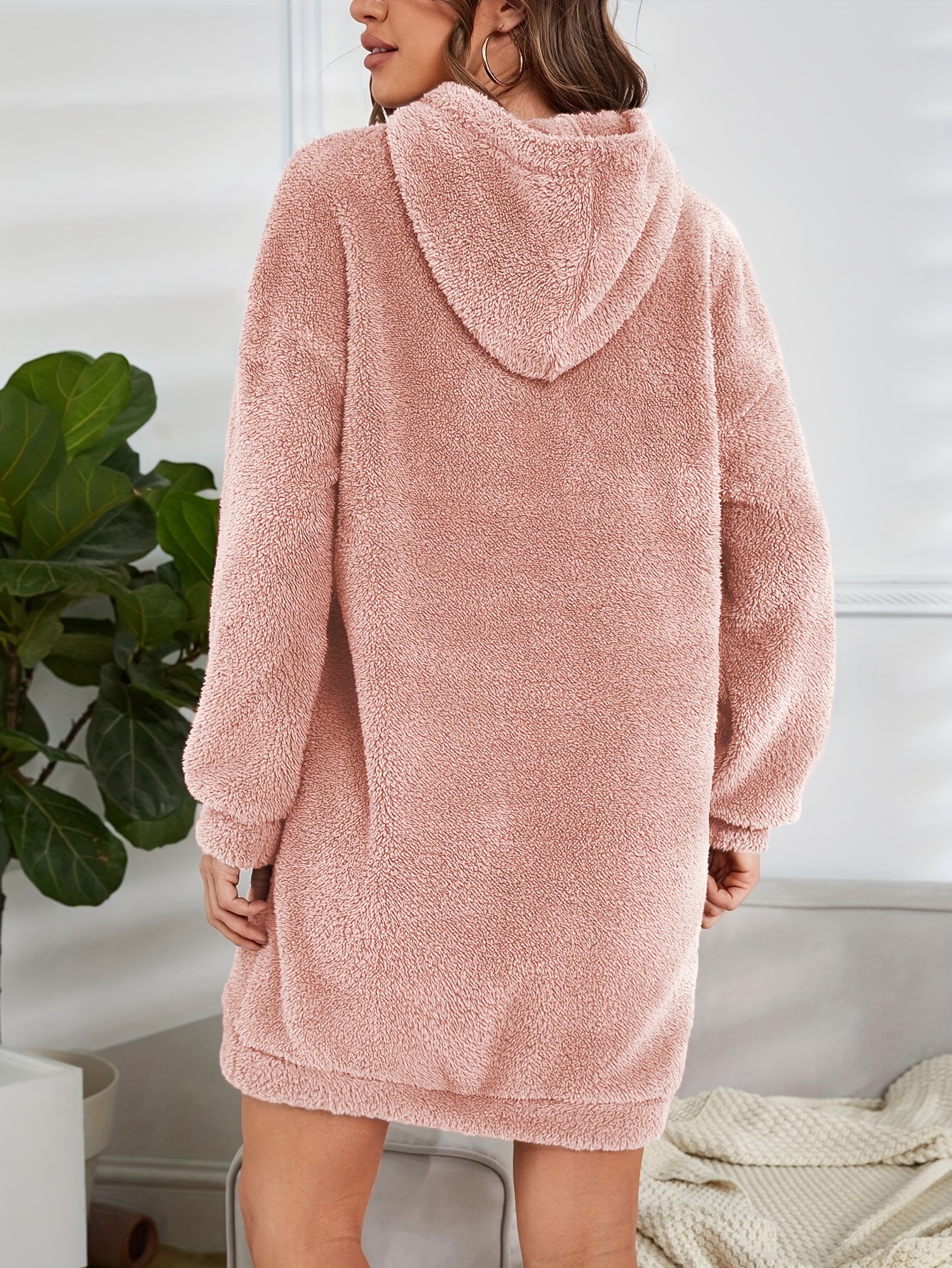 hooded teddy dress, hooded teddy dress casual long sleeve simple warm dress womens clothing details 14