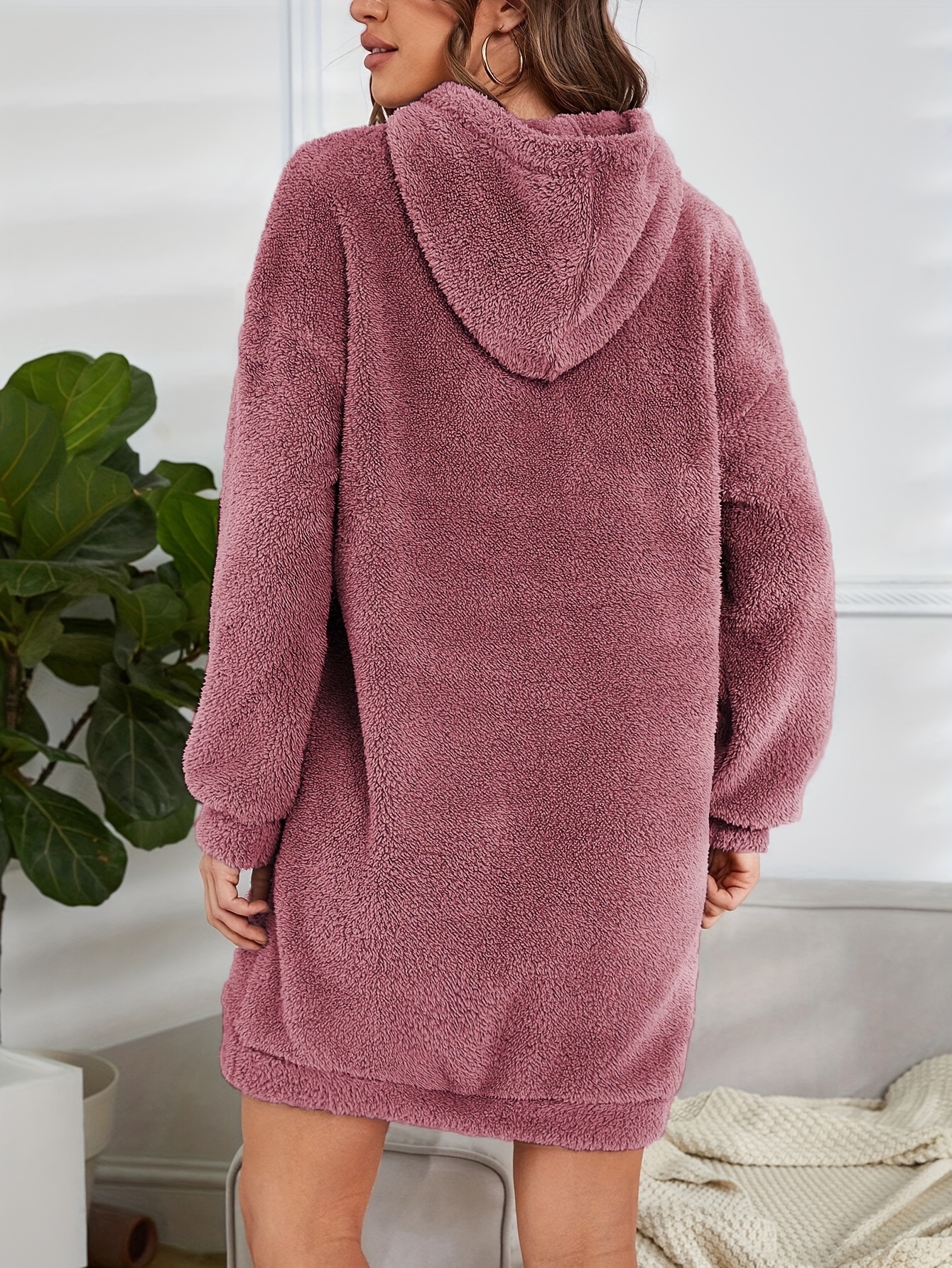 hooded teddy dress, hooded teddy dress casual long sleeve simple warm dress womens clothing details 19