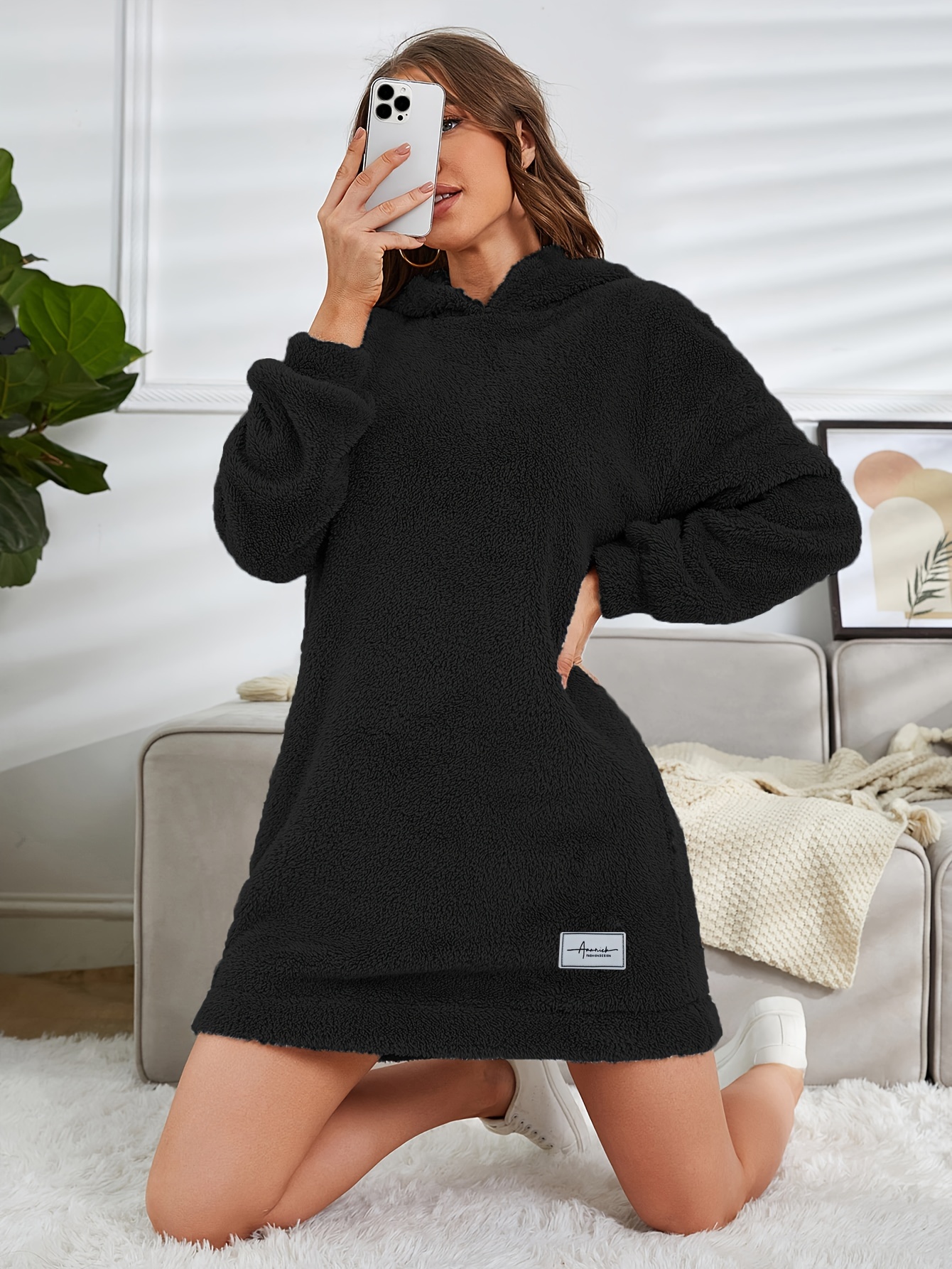 hooded teddy dress, hooded teddy dress casual long sleeve simple warm dress womens clothing details 40