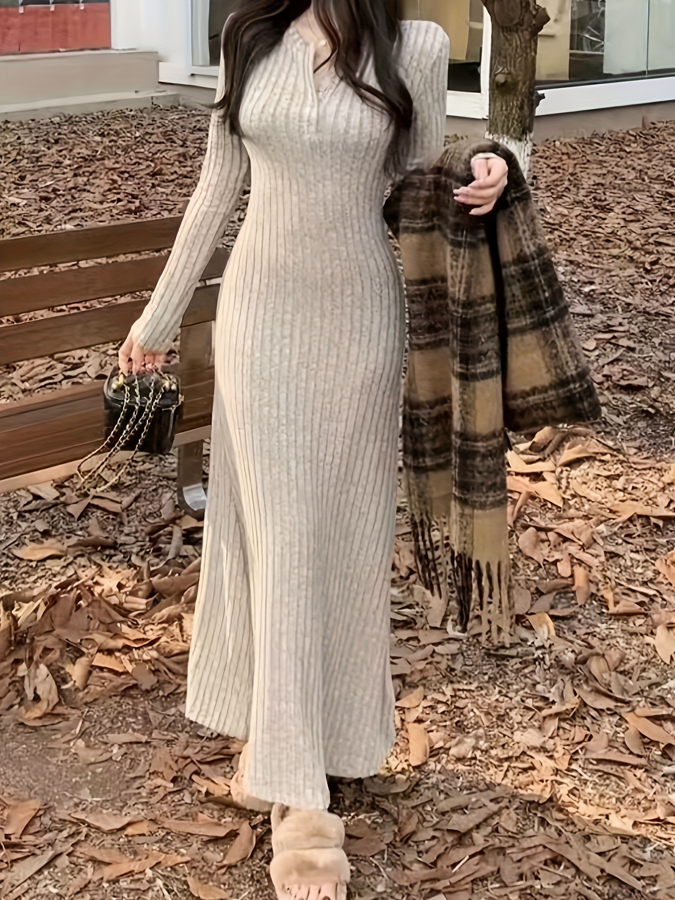 ribbed v neck dress, ribbed v neck dress casual long sleeve dress for fall winter womens clothing details 6