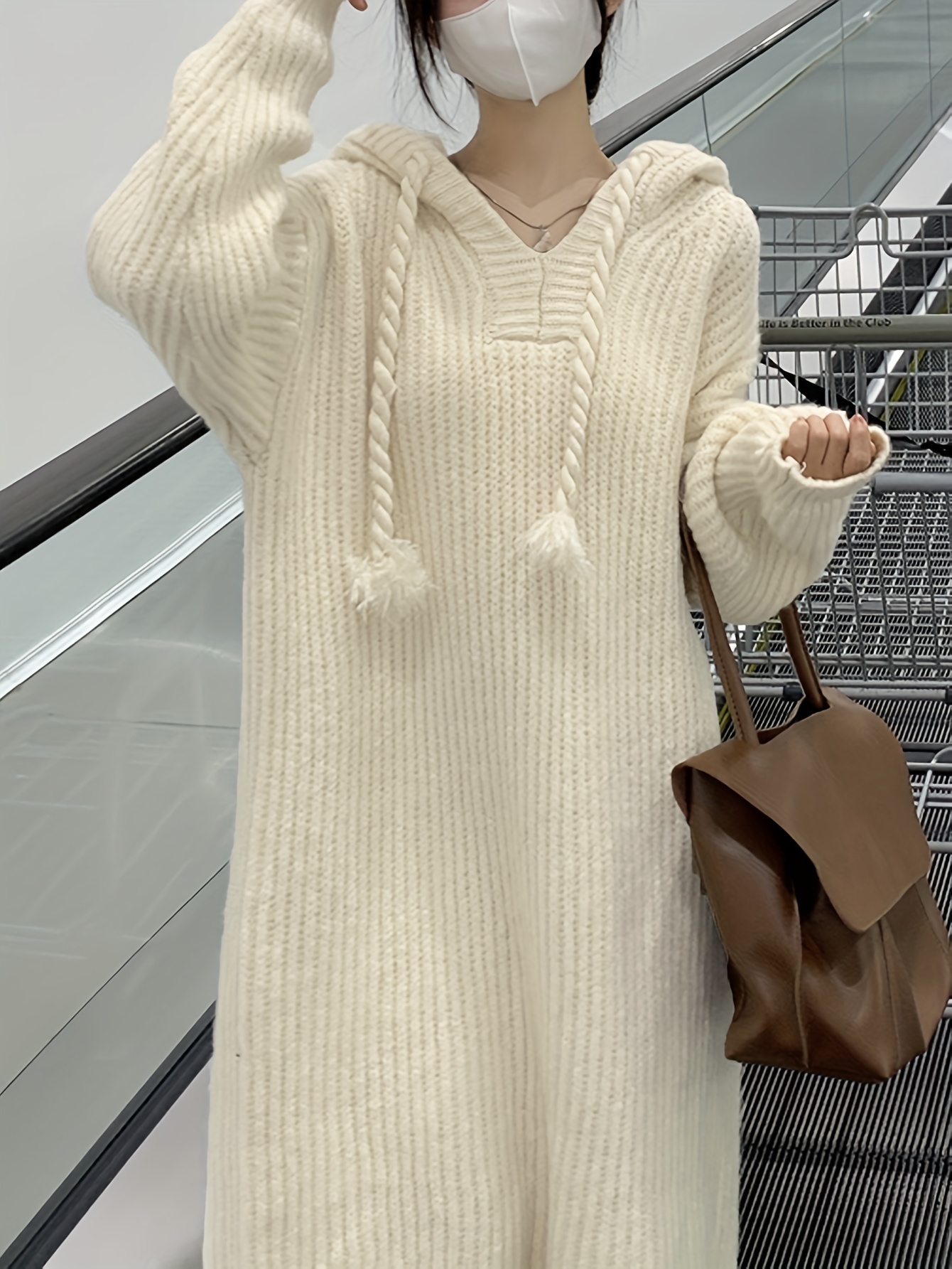 solid long sleeve hooded knit dress casual drawstring thermal dress for fall winter womens clothing details 14