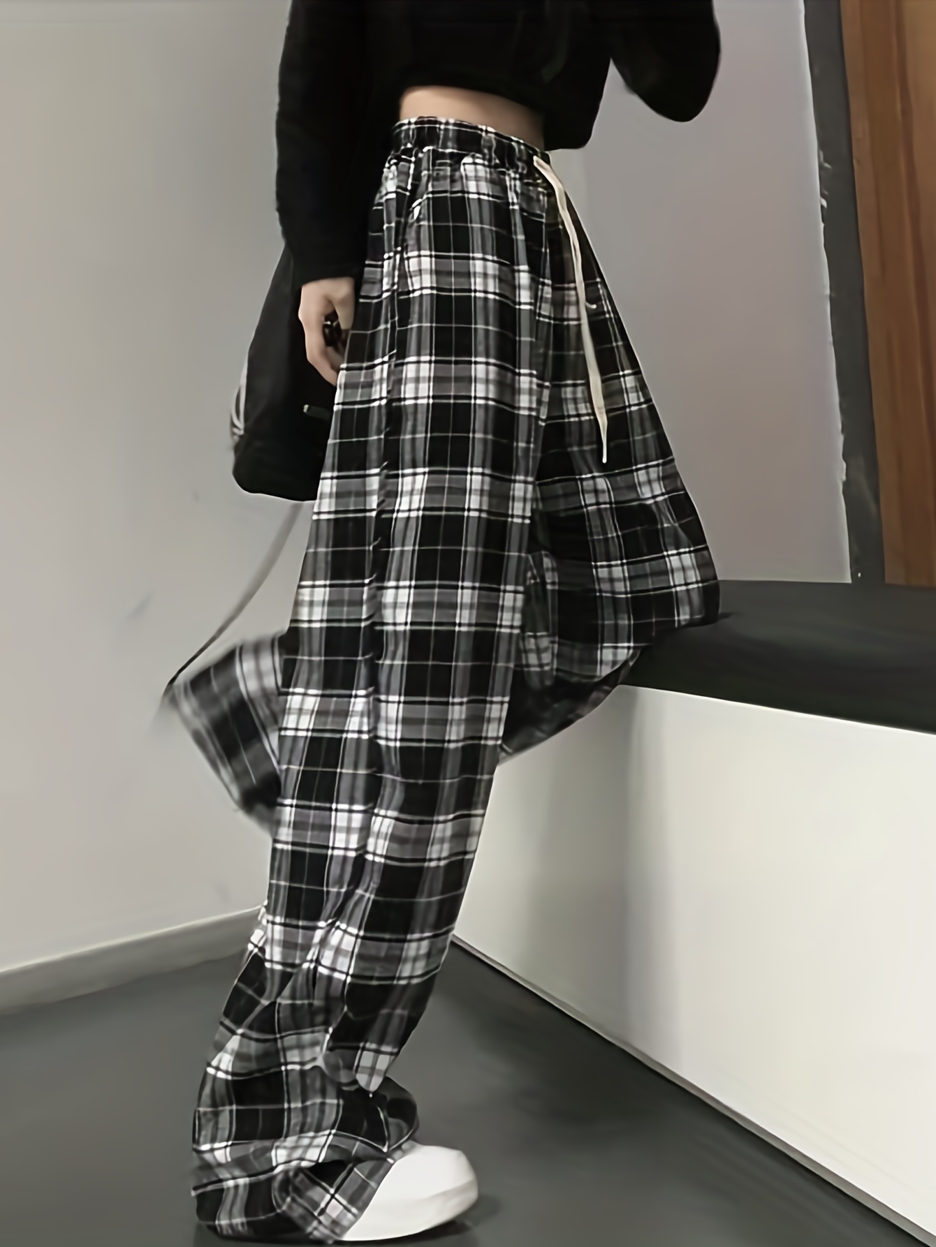 plaid drawstring straight leg pants casual loose pants for spring fall womens clothing details 0