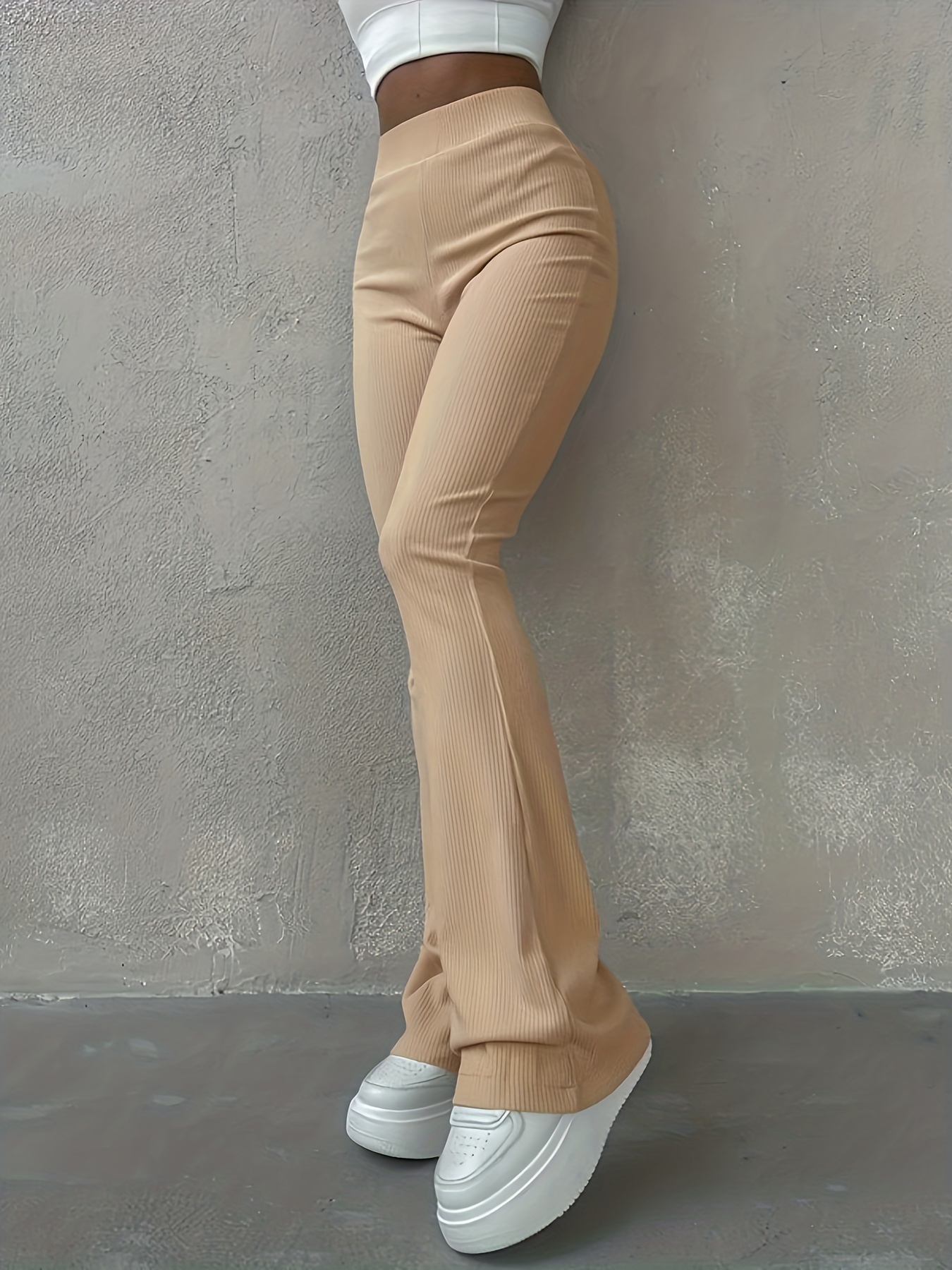 solid ribbed flare leg pants high waist slim elastic pants womens clothing details 0