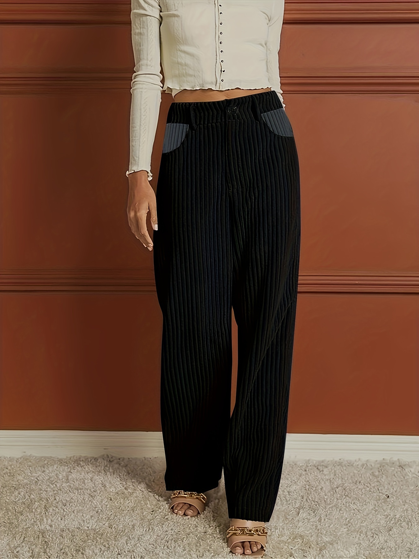 ribbed button front wide leg pants casual high waist pants womens clothing details 0