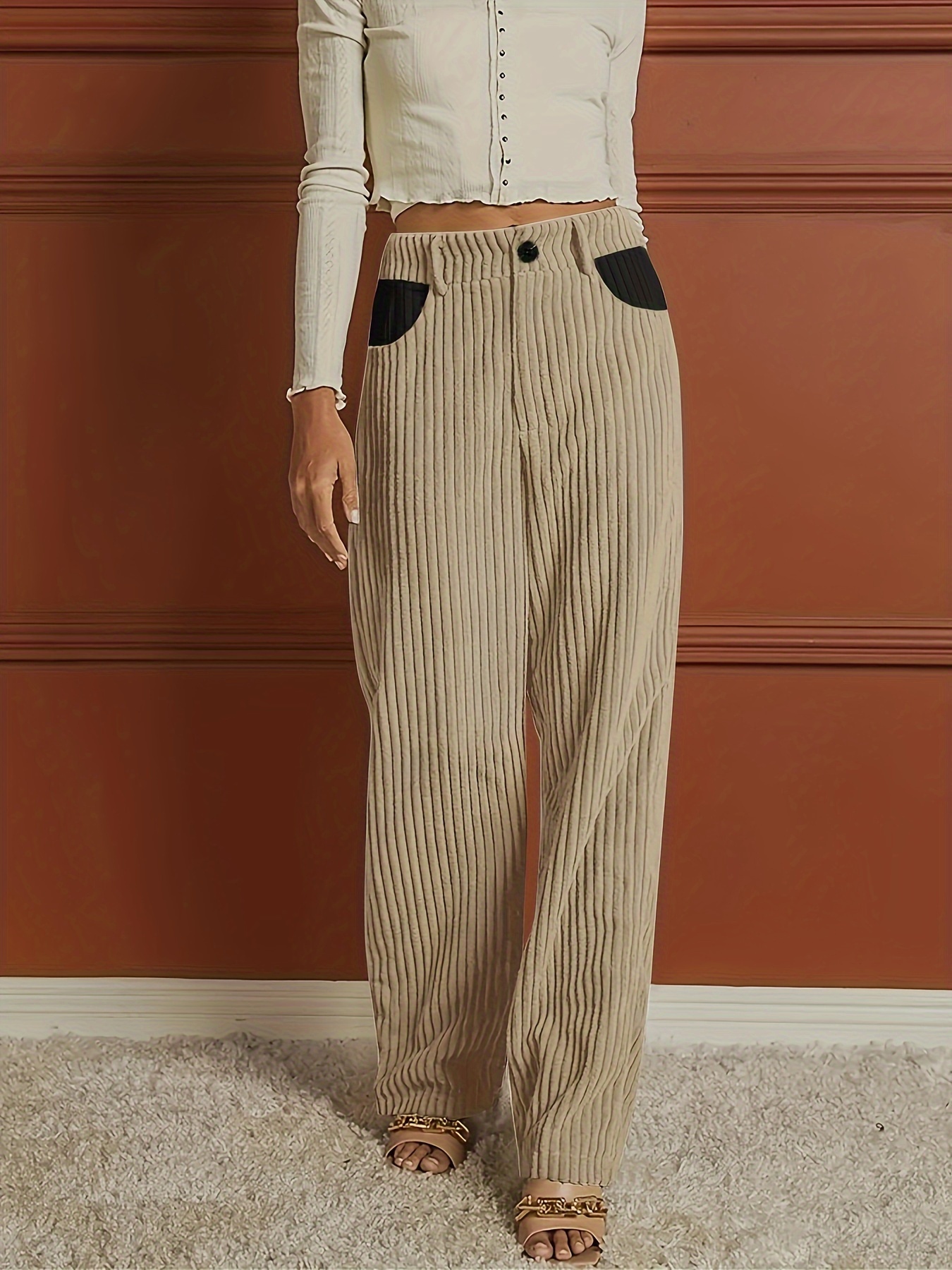 ribbed button front wide leg pants casual high waist pants womens clothing details 3