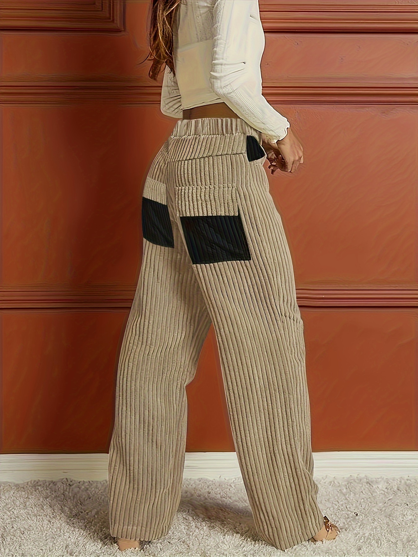 ribbed button front wide leg pants casual high waist pants womens clothing details 4