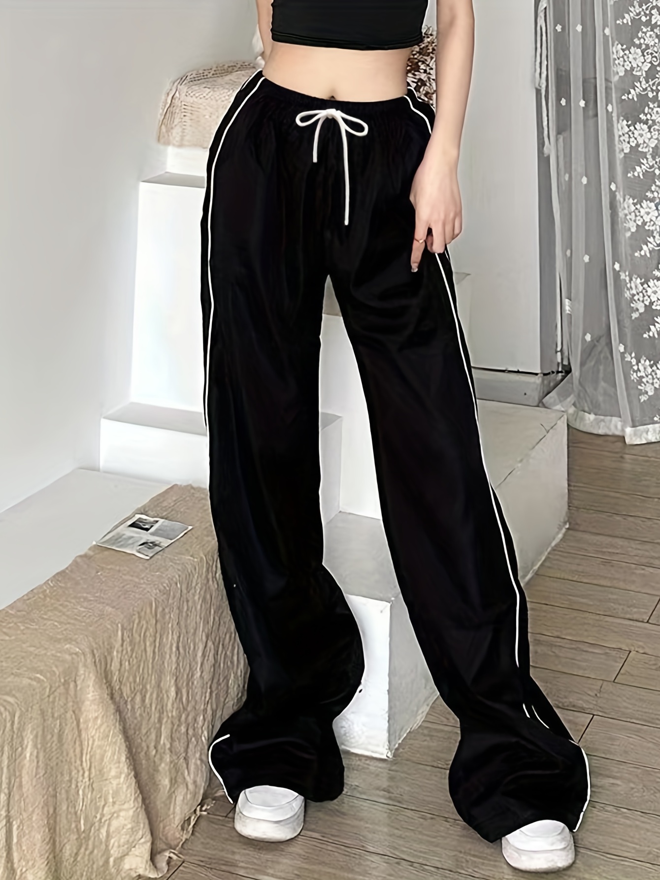 contrast binding drawstring waist pants y2k slant pocket baggy pants womens clothing details 3