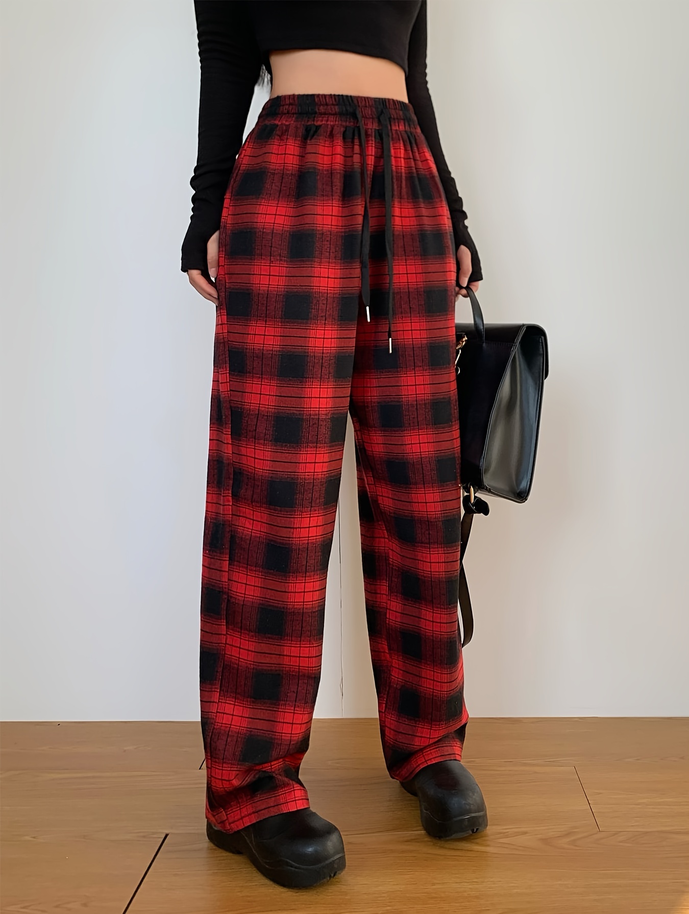 plaid print straight leg pants casual drawstring waist comfy pants womens clothing details 2