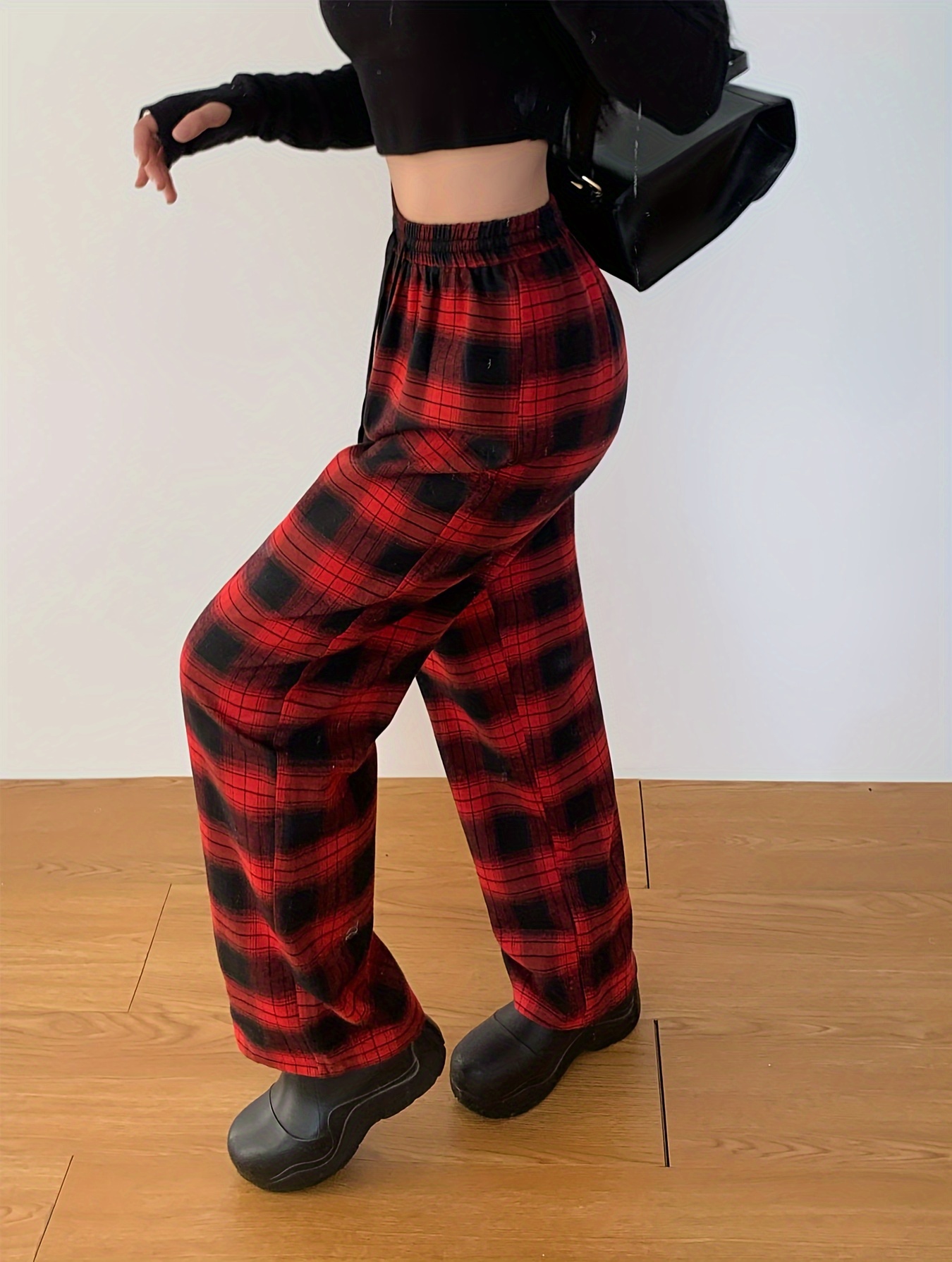 plaid print straight leg pants casual drawstring waist comfy pants womens clothing details 3