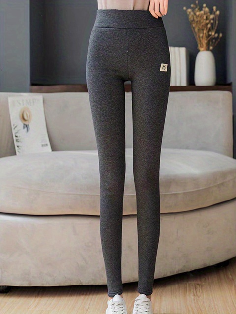 solid fleece high waist leggings casual skinny leggings for fall winter womens clothing details 0