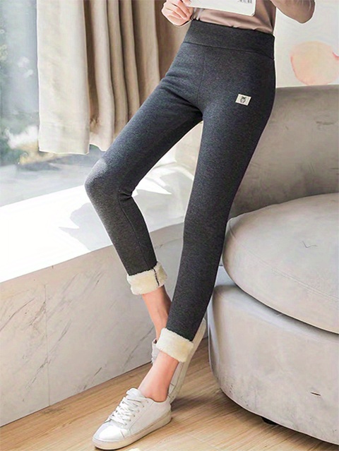 solid fleece high waist leggings casual skinny leggings for fall winter womens clothing details 1